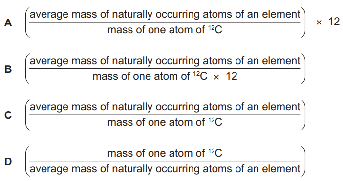 Multiple choice options for relative atomic mass definition