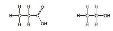 Structural formulas of propanoic acid and ethanol
