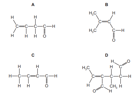 Four chemical structure options A, B, C, D showing possible monomers including alkenes with various substituents