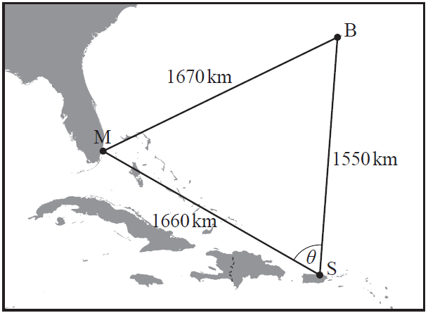 Diagram of the Bermuda Triangle with vertices Miami, Bermuda, and San Juan